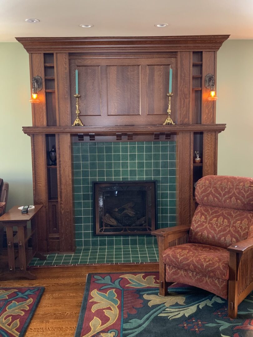 A wooden fireplace